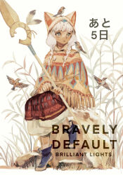 Rule 34 | 1girl, animal, animal ears, animal on head, apron, bird, bird on head, blue footwear, boots, braid, bravely default: brilliant lights, bravely default (series), brown poncho, cat ears, closed mouth, commentary request, copyright name, dark-skinned female, dark skin, dress, ears through headwear, expressionless, facial mark, feathers, fringe trim, fujii yukiyo, full body, green eyes, hair over shoulder, holding, holding staff, long dress, long hair, looking ahead, official art, on head, outdoors, plant, red apron, rock, second-party source, sitting, sitting on rock, solo, sparrow, staff, tono (rt0no), twin braids, whisker markings, white background, white dress, white hair, white hood
