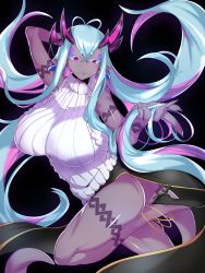 Rule 34 | 1girl, aqua hair, aran sweater, arm behind head, blowing kiss, breasts, cable knit, colored eyelashes, colored skin, dark-skinned female, dark skin, earrings, fate/grand order, fate (series), grey skin, high heels, highres, horns, ibuki douji (fate), jewelry, large breasts, long hair, makeup, multicolored hair, pink hair, pointy ears, ribbed sweater, short eyebrows, sleeveless, sleeveless sweater, sleeveless turtleneck, solo, sweater, tail, turtleneck, two-tone hair, zetsu (zyej5442)