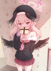 Rule 34 | 1girl, beret, black hat, black shirt, black wings, blue archive, blush, box, collarbone, commentary request, covered mouth, feathered wings, getabako, gift, gift box, hair between eyes, halo, hand up, hat, head wings, highres, holding, holding gift, indoors, koharu (blue archive), long hair, long sleeves, looking at viewer, low twintails, low wings, neckerchief, nose blush, off shoulder, pink hair, pink neckerchief, pleated skirt, puffy long sleeves, puffy sleeves, purple skirt, red eyes, sailor collar, shirt, skirt, sleeves past wrists, solo, sota, standing, twintails, valentine, white sailor collar, wings