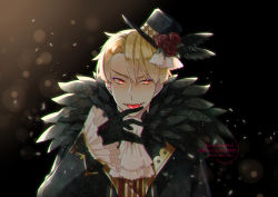 Rule 34 | 1boy, alternate costume, ascot, black background, black gloves, black theme, blonde hair, fang, fate/stay night, fate (series), flower, fur trim, gilgamesh (fate), gloves, halloween, hat, hat flower, licking, male focus, mini hat, mini top hat, red eyes, red flower, red rose, rose, tako (beex2), top hat, upper body, white ascot
