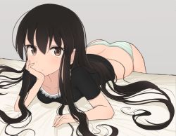 Rule 34 | 1girl, arm support, ass, bed sheet, bent over, black hair, black shirt, blouse, bored, breasts, brown eyes, closed mouth, commentary, green panties, grey background, hair between eyes, hand on own cheek, hand on own face, hinomaru (futagun), long hair, looking at viewer, lying, medium breasts, on bed, on stomach, original, panties, shirt, simple background, solo, striped clothes, striped panties, underwear, very long hair, white panties