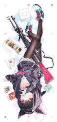 Rule 34 | 1girl, absurdres, animal ears, black hair, blue archive, cake, cat ears, dice gt, eating, food, gun, halo, highres, hood, hooded jacket, jacket, kazusa (blue archive), macaron, pantyhose, pink hair, pleated skirt, pocky, red eyes, rifle, sailor collar, shoes, skirt, sneakers, strawberry shortcake, upside-down, weapon