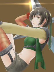 Rule 34 | 1girl, armor, armpits, breasts, brown background, brown eyes, brown hair, brown shorts, closed mouth, commentary, cropped sweater, final fantasy, final fantasy vii, fishnet legwear, fishnets, forehead protector, from side, green eyes, hair strand, hand on own knee, hand up, harewa, headband, highres, holding, holding weapon, huge weapon, knees up, lens flare, light smile, looking at viewer, looking to the side, medium breasts, midriff, multicolored eyes, navel, pauldrons, ribbed sweater, short hair, shorts, shoulder armor, shuriken, single pauldron, sitting, sleeveless, sleeveless sweater, sleeveless turtleneck, smile, solo, square enix, sweater, turtleneck, turtleneck sweater, weapon, yuffie kisaragi