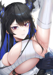 Rule 34 | 1girl, absurdres, armpits, arms up, asymmetrical horns, black gloves, black hair, blue hair, book, breasts, colored inner hair, demon horns, detached sleeves, gloves, highres, holding, holding book, hololive, hololive english, horns, large breasts, looking at viewer, mole, mole under eye, multicolored hair, nerissa ravencroft, nerissa ravencroft (1st costume), red eyes, shinkai toro, smile, solo, virtual youtuber, white background, white sleeves