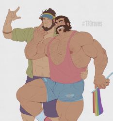 Rule 34 | 2boys, abs, absurdres, bara, beard, biceps, blue eyes, blush, brown hair, collared shirt, couple, denim, denim shorts, facial hair, flag, glensaru, graves (league of legends), hairy, hat, highres, large pectorals, league of legends, lgbt pride, long hair, looking at viewer, male focus, manly, mature male, multiple boys, muscular, muscular male, navel, navel hair, nipples, open clothes, open shirt, pectorals, rainbow flag, torn shorts, shirt, shorts, simple background, smile, tank top, tattoo, teeth, thick arms, thick eyebrows, thick thighs, thighs, torn clothes, twisted fate, white background, yaoi, yellow eyes