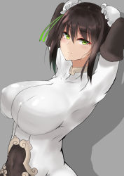 Rule 34 | 1girl, absurdres, armpits, arms behind head, arms up, black hair, blush, bodysuit, breasts, bun cover, closed mouth, double bun, elbow gloves, fate/grand order, fate (series), gloves, green eyes, green ribbon, grey background, hair between eyes, hair bun, highres, large breasts, looking at viewer, negi seijin, qin liangyu (fate), ribbon, sidelocks, simple background, smile, white bodysuit
