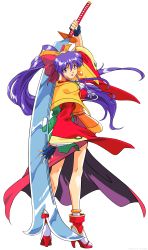 Rule 34 | 1girl, absurdres, dancing blade, earrings, fingerless gloves, full body, gloves, high heels, highres, huge weapon, jewelry, katteni momotenshi, long hair, momohime (dancing blade), non-web source, ponytail, purple eyes, purple hair, shoes, solo, standing, sword, transparent background, vector trace, watermark, weapon