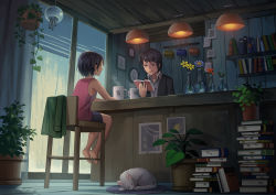 Rule 34 | 1boy, 1girl, animal, barefoot, black hair, blue flower, book, book stack, bottle, cat, ceiling, chair, coffee, coffee mug, collared shirt, counter, cup, daisy, flower, flower pot, foot dangle, from below, holding, holding book, indoors, jacket, unworn jacket, kitsu+3, leaf, light, looking at another, morning, mug, open book, original, pet, plant, potted plant, reading, red flower, rug, shelf, shirt, short hair, sitting, sleeveless, sleeveless shirt, smile, soles, standing, steam, tan, tomboy, white cat, wind chime, window, yellow flower