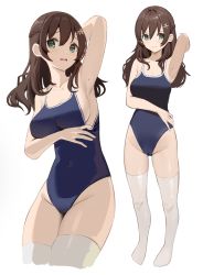 Rule 34 | 1girl, 3:, armpits, blue one-piece swimsuit, braid, brown hair, competition school swimsuit, cowboy shot, embarrassed, french braid, full body, green eyes, hair intakes, hair ornament, hairclip, hand on own hip, highres, legs together, long hair, looking at viewer, mole, mole on arm, multiple views, no shoes, one-piece swimsuit, open mouth, original, school swimsuit, simple background, standing, swimsuit, thighhighs, thighs, wavy hair, wavy mouth, white background, white thighhighs, yuu (yuu ammy)