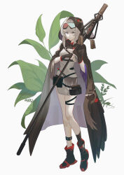 Rule 34 | 1girl, absurdres, ankle boots, anklet, arknights, belt, belt pouch, black cape, black footwear, black gloves, black socks, boots, cape, dress, fingerless gloves, full body, gloves, goggles, goggles on head, grey dress, grey eyes, grey hair, highres, holding, holding staff, hood, hood up, hooded cape, infection monitor (arknights), jewelry, kneehighs, long hair, looking at viewer, mulberry (arknights), naoel (naoel art), parted lips, plant, pouch, simple background, single kneehigh, single sock, socks, solo, staff, standing, thigh strap, white background