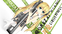 Rule 34 | 1girl, anti-materiel rifle, barrett m82, blonde hair, bra, can&#039;t be this cute, green eyes, gun, hagi (ame hagi), highres, long hair, looking at viewer, mecha musume, original, panties, personification, rifle, side-tie panties, sniper rifle, solo, thighhighs, translated, twintails, underwear, underwear only, upotte!!, weapon, white bra, white panties, white thighhighs