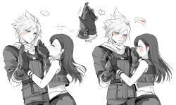 Rule 34 | 1boy, 1girl, bare shoulders, belt, black hair, blush, breasts, closed mouth, cloud strife, couple, crisis core final fantasy vii, crop top, duoj ji, ear blush, earrings, final fantasy, final fantasy vii, gloves, highres, holding hands, interlocked fingers, jewelry, long hair, looking at another, medium breasts, monochrome, multiple views, official alternate costume, scarf, shinra infantry uniform, skirt, speech bubble, spiked hair, spot color, tifa lockhart, upper body, vest, white background