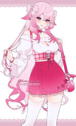 Rule 34 | 1girl, alternate costume, animal ears, bag, blush, bow, bracelet, breasts, cleavage, clip studio paint (medium), floppy ears, fox ears, genshin impact, hair bow, highres, jewelry, medium breasts, my melody, nana illust, off-shoulder shirt, off shoulder, onegai my melody, pink corset, pink hair, pink skirt, purple eyes, sanrio, shirt, shoulder bag, skirt, smile, solo, thighhighs, white thighhighs, wide sleeves, yae miko