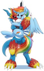Rule 34 | claws, digimon, digimon (creature), dragon, fladramon, highres, horse, hug, my little pony, rainbow dash, rainbow gradient, simple background, tail, white background