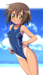 Rule 34 | 00s, 1girl, breasts, brown hair, cloud, day, covered erect nipples, fang, frontal wedgie, kusakabe misao, lucky star, one-piece swimsuit, one-piece tan, self wedgie, short hair, single vertical stripe, sky, small breasts, solo, swimsuit, tan, tanline, wedgie, yellow eyes
