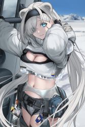 Rule 34 | 1girl, animal ears, arknights, aurora (arknights), bear ears, black gloves, black hairband, blue eyes, blue sky, breasts, chaps, cleavage, cleavage cutout, clothing cutout, commentary request, cowboy shot, crop top, cropped jacket, gloves, grey shorts, hair over one eye, hairband, highres, id card, jacket, large breasts, long hair, long sleeves, looking at viewer, midriff, navel, outdoors, partial commentary, pouch, roki (shouka65), short shorts, shorts, sky, smile, snow, solo, standing, stomach, thighs, very long hair, white hair, white jacket