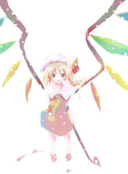 Rule 34 | 1girl, ascot, blush, crystal, demon wings, dress, female focus, flandre scarlet, full body, hat, looking at viewer, mob cap, puffy short sleeves, puffy sleeves, red dress, short sleeves, simple background, solo, takanashi akihito, touhou, white background, wings