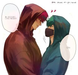 2023 2boys aphelios artist_name black_mask blue_hoodie closed_eyes commentary_request couple covered_mouth eye_contact green_hair heart heartsteel_aphelios heartsteel_sett highres hood hood_up hoodie korean_commentary league_of_legends looking_at_another male_focus mask mouth_mask multiple_boys parted_lips profile red_eyes red_hair red_hoodie sa1gae sett_(league_of_legends) simple_background speech_bubble translation_request upper_body white_background yaoi