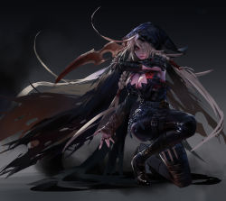 Rule 34 | absurdres, belt, belt buckle, blonde hair, blood, bloody weapon, boots, braid, breasts, buckle, chain, cleavage, cloak, clock, dagger, dungeon and fighter, fingerless gloves, floral print, flower, gloves, hair over one eye, highres, holding, holding weapon, hood, hooded cloak, knife, knife belt, large breasts, leather, leather boots, leather pants, long hair, on one knee, pants, red eyes, rose, rose print, shadow dancer (dungeon and fighter), solo, spikes, thief (dungeon and fighter), thigh boots, thighhighs, torn clothes, twin braids, very long hair, weapon