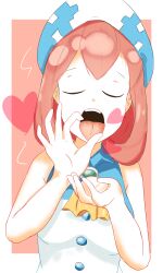 Rule 34 | 1girl, breasts, closed eyes, digimon, digimon linkz, fellatio gesture, female focus, hat, heart, highres, kurihara hina, medium breasts, open mouth, sexually suggestive, solo, tongue, tongue out