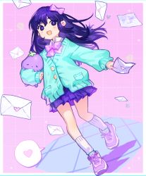 Rule 34 | 1girl, aubrey (faraway) (omori), aubrey (omori), bow, bright pupils, collared shirt, envelope, hair behind ear, heart, holding, holding envelope, looking to the side, mr. plantegg, omori, purple bow, purple eyes, purple footwear, purple hair, purple skirt, shionty, shirt, shoes, skirt, smile, sneakers, solo, speech bubble, stuffed toy, white pupils, white shirt