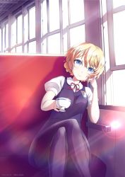 Rule 34 | 10s, 1girl, absurdres, adapted uniform, artist name, bench, black pantyhose, blonde hair, blue dress, blue eyes, braid, closed mouth, collared shirt, commentary request, crossed legs, cup, darjeeling (girls und panzer), dated, dress, emblem, girls und panzer, hand in own hair, head rest, highres, holding, indoors, leaning to the side, lens flare, light smile, looking at viewer, neck ribbon, pantyhose, puffy sleeves, red ribbon, ribbon, school uniform, shirt, short dress, short hair, sitting, solo, st. gloriana&#039;s (emblem), summer uniform, sunlight, teacup, thighs, tonan leopard, twin braids, white shirt, window