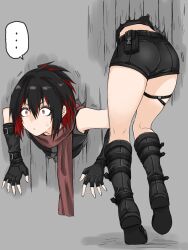 Rule 34 | ..., 1girl, ass, black hair, black shorts, crack, cracked wall, fingerless gloves, fuku (fuku12290574), gloves, highres, immobilization, legs, midriff, multicolored hair, original, red eyes, red hair, restrained, scarf, short ponytail, shorts, solo, spoken ellipsis, stationary restraints, stuck, thigh strap, through wall, two-tone hair