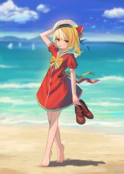Rule 34 | 1girl, adapted costume, barefoot, beach, blonde hair, blurry, blurry background, cloud, clynxen, day, depth of field, dress, flandre scarlet, footprints, full body, hat, highres, holding, holding shoes, looking at viewer, mountainous horizon, no wings, ocean, outdoors, red dress, sailor collar, sailor dress, shoes, unworn shoes, short sleeves, sky, smile, solo, standing, touhou