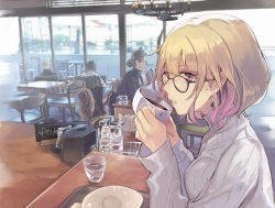 Rule 34 | 1girl, blonde hair, chair, cup, earrings, from side, glasses, grey sweater, holding, holding cup, indoors, jewelry, long sleeves, looking at viewer, looking to the side, mole, original, parted lips, pink lips, pokimari, purple eyes, restaurant, ribbed sweater, short hair, sitting, solo focus, sweater, table, tray