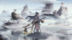 Rule 34 | 1girl, arknights, bare legs, black gloves, black shorts, blue eyes, blue hair, boots, braid, breasts, company name, copyright name, day, detached collar, dragon, dragon girl, dragon horns, dragon tail, earrings, elbow gloves, full body, gazebo, gloves, gourd, grass, han yijie, highres, horns, jewelry, knee boots, lantern, large breasts, ling (arknights), long hair, looking away, looking to the side, mountain, necktie, official art, outdoors, parted lips, pointy ears, puddle, reflection, short shorts, shorts, smile, snow, snowing, solo, staff, standing, tail, thigh strap, underbust, very long hair, water, white footwear, winter, yellow necktie