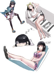 Rule 34 | 1girl, absurdres, bare arms, bare legs, belt, bikini, black footwear, black hair, black nails, black pantyhose, blue cape, blue footwear, blue headwear, blunt bangs, breasts, brown eyes, cape, cat on person, cleavage, closed mouth, collarbone, commentary, couch, cushion, drinking straw, drinking straw in mouth, facial mark, hat, highres, korean text, looking at viewer, lying, mac star, medium hair, multiple views, nail polish, navel, object on breast, on couch, on side, original, pantyhose, pink bikini, potion, sandals, shirt, shoes, short sleeves, simple background, skirt, sleeping, sneakers, star (symbol), star facial mark, swimsuit, thighhighs, translation request, white background, white shirt, white skirt, zzz