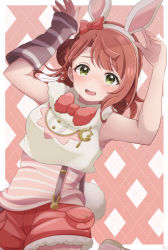 Rule 34 | 1girl, absurdres, animal ears, argyle, argyle background, argyle clothes, arm warmers, arms up, blush, breasts, commentary request, embarrassed, fur collar, hair bun, highres, love live!, love live! nijigasaki high school idol club, medium breasts, nervous smile, open mouth, pukonuu, rabbit ears, rabbit pose, red hair, red shorts, shirt, shorts, side bun, single arm warmer, single side bun, sleeveless, sleeveless shirt, smile, solo, striped arm warmers, uehara ayumu