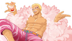 Rule 34 | 1boy, abs, absurdres, blonde hair, capri pants, coat, cocktail umbrella, cup, donquixote doflamingo, earrings, feather coat, feet out of frame, glass, highres, holding, holding cup, inkiedraws, jewelry, leg hair, male focus, muscular, muscular male, navel, nipples, one piece, open mouth, pants, pectorals, pink coat, short hair, simple background, smile, sunglasses, teeth, tongue, transparent background, upper teeth only