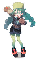Rule 34 | 1girl, :d, arm up, black footwear, black skirt, blush, boots, braid, brown mittens, commentary request, creatures (company), eyelashes, fur hat, game freak, green eyes, green hair, green hat, green pantyhose, hair between eyes, hand up, hat, highres, holding, holding poke ball, jacket, long hair, mittens, nintendo, open mouth, pantyhose, poke ball, poke ball (legends), pokemon, pokemon legends: arceus, sabi (pokemon), sen light, skirt, smile, solo, tongue, twin braids, twintails