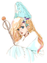 Rule 34 | 1990s (style), 1girl, blonde hair, blue eyes, female focus, final fantasy, final fantasy iv, final fantasy iv: the after years, hat, leonora, moira (artist), retro artstyle, simple background, solo, staff