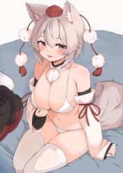 Rule 34 | 1girl, animal ears, bikini, bluekalmia, breasts, cleavage, detached sleeves, grey hair, hat, inubashiri momiji, large breasts, looking at viewer, navel, on bed, open mouth, pom pom (clothes), red eyes, red hat, short hair, sitting, skirt, solo, swimsuit, tail, thighhighs, tokin hat, touhou, unworn skirt, white bikini, white thighhighs, wolf ears, wolf girl, wolf tail