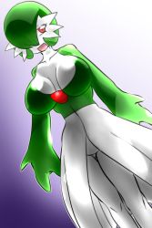 Rule 34 | 1girl, breasts, collarbone, creatures (company), dutch angle, female focus, game freak, gardevoir, gen 3 pokemon, gradient background, green hair, hair over one eye, large breasts, looking at viewer, nintendo, no pussy, open mouth, pokemon, pokemon (creature), pokemon rse, purple background, red eyes, short hair, simple background, smile, solo, standing, sya (sya furry)