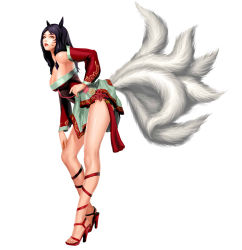 Rule 34 | 1girl, ahri (league of legends), animal ears, bare shoulders, breasts, cleavage, detached sleeves, facial mark, fox ears, fox tail, high heels, highres, league of legends, leaning forward, lipstick, long hair, makeup, multiple tails, open shoes, preter, purple hair, sandals, shoes, solo, tail, whisker markings, yellow eyes