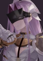 Rule 34 | 1girl, armor, artist request, blindfold, chrysaor (fate), fate/grand order, fate (series), hama 7080, highres, holding, holding knife, knife, long hair, looking at viewer, medusa (fate), medusa (saber) (fate), portrait, purple eyes, purple hair, see-through, simple background, solo
