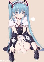 Rule 34 | 1girl, :/, absurdres, alternate costume, apron, aqua eyes, aqua hair, aqua nails, armor, armored boots, beige background, boots, breasts, collarbone, commentary, convenient arm, enmaided, frilled apron, frills, full body, hairband, hatsune miku, highres, knee pads, knees up, long hair, looking at viewer, maid, maid headdress, nail polish, pout, puffy short sleeves, puffy sleeves, short sleeves, sidelocks, simple background, sitting, small breasts, spread legs, twintails, twitter username, very long hair, vocaloid, waist apron, zeppeki shoujo
