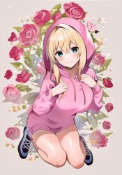 Rule 34 | 1girl, black footwear, blonde hair, blush, closed mouth, commentary request, flower, full body, green eyes, hood, hood up, hoodie, looking at viewer, original, pink flower, pink hoodie, pink rose, rose, samori, shoes, smile, sneakers, solo