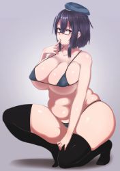 Rule 34 | 10s, 1girl, bare shoulders, belly, bikini, black hair, black thighhighs, blush, breasts, collarbone, fat, fat rolls, finger to mouth, glasses, gradient background, hat, highres, huge breasts, kantai collection, kneeling, looking at viewer, micro bikini, military hat, navel, oozon (ozon), plump, red eyes, short hair, solo, sweatdrop, swimsuit, takao (kancolle), thick thighs, thighhighs, thighs