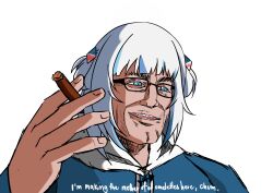 Rule 34 | 1boy, absurdres, blue eyes, cigar, cosplay, english text, eyeglass, gawr gura, gawr gura ch., hair ornament, hairclip, highres, holding, holding cigar, hololive, hololive english, meme, metal gear (series), metal gear rising: revengeance, milarkavelik, scene reference, sharp teeth, smile, solo, steven armstrong, sweater, teeth, transparent background, twintails, upper body, virtual youtuber, white hair