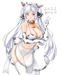 Rule 34 | 1girl, 2021, animal ears, animal print, bell, bikini, blue eyes, breasts, chinese zodiac, cow ears, cow girl, cow print, cow tail, cowbell, elbow gloves, gloves, highres, kuromori (1010845110), large breasts, long hair, looking at viewer, maid, navel, original, print bikini, print gloves, simple background, smile, solo, swimsuit, tail, thighhighs, twintails, v, very long hair, white background, white hair, white thighhighs, year of the ox