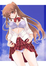 Rule 34 | 10s, 1girl, bow, bowtie, breasts, brown eyes, brown hair, chuunibyou demo koi ga shitai!, cleavage, clothes lift, covered erect nipples, dress shirt, frapowa, hair ornament, hairclip, large breasts, lingerie, navel, nibutani shinka, one side up, open clothes, open shirt, panties, plaid, plaid skirt, shirt, side ponytail, skirt, skirt lift, sleeves pushed up, solo, unbuttoned, underwear, upskirt