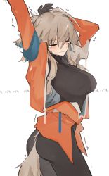 Rule 34 | 1girl, arknights, arms up, ass, black bodysuit, blush, bodysuit, breasts, closed mouth, commentary, covered erect nipples, cowboy shot, closed eyes, from side, hair between eyes, jacket, large breasts, light brown hair, mayer (arknights), medium hair, mikozin, orange jacket, otter tail, ribbed bodysuit, simple background, skin tight, solo, stretching, tail, tears, trembling, wavy mouth, white background