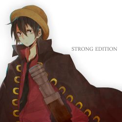 Rule 34 | 1boy, black necktie, copyright name, formal, hat, highres, jacket, jacket on shoulders, looking at viewer, male focus, monkey d. luffy, necktie, one piece, one piece: strong world, red shirt, scar, shirt, solo, straw hat, white background