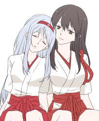 Rule 34 | 10s, 2girls, akagi (kancolle), bad id, bad pixiv id, brown eyes, brown hair, closed eyes, female focus, hakama, head on another&#039;s shoulder, headband, japanese clothes, kantai collection, long hair, miko, multiple girls, red hakama, shoukaku (kancolle), silver hair, simple background, smile, udon (shiratama), white background