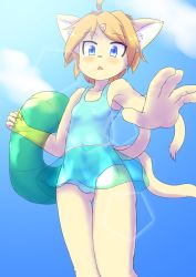 Rule 34 | 1girl, blonde hair, blue eyes, cat, furry, furry female, highres, multiple tails, school swimsuit, seconds (2&#039;s), short hair, solo, swimsuit, tail, two tails