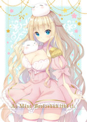 Rule 34 | 1girl, beelzebub-jou no okinimesu mama., beelzebub (beelzebub-jou), blonde hair, blue eyes, blunt bangs, blush, bow, breasts, cleavage, closed mouth, commentary request, copyright name, dress, epaulettes, frilled dress, frills, hair flaps, kuroe (sugarberry), large breasts, long hair, on head, pink bow, pink dress, pleated dress, puffy short sleeves, puffy sleeves, short sleeves, solo, star (symbol), thighhighs, very long hair, white thighhighs